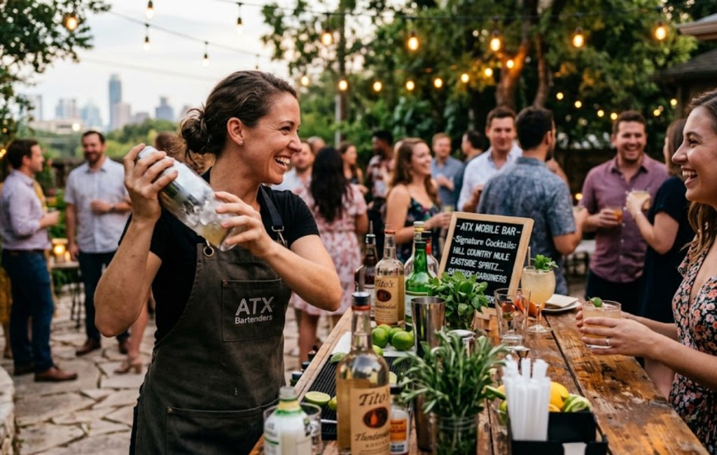 Austin mobile bar bartender laughing with guests at an outdoor garden party under string lights with the city skyline