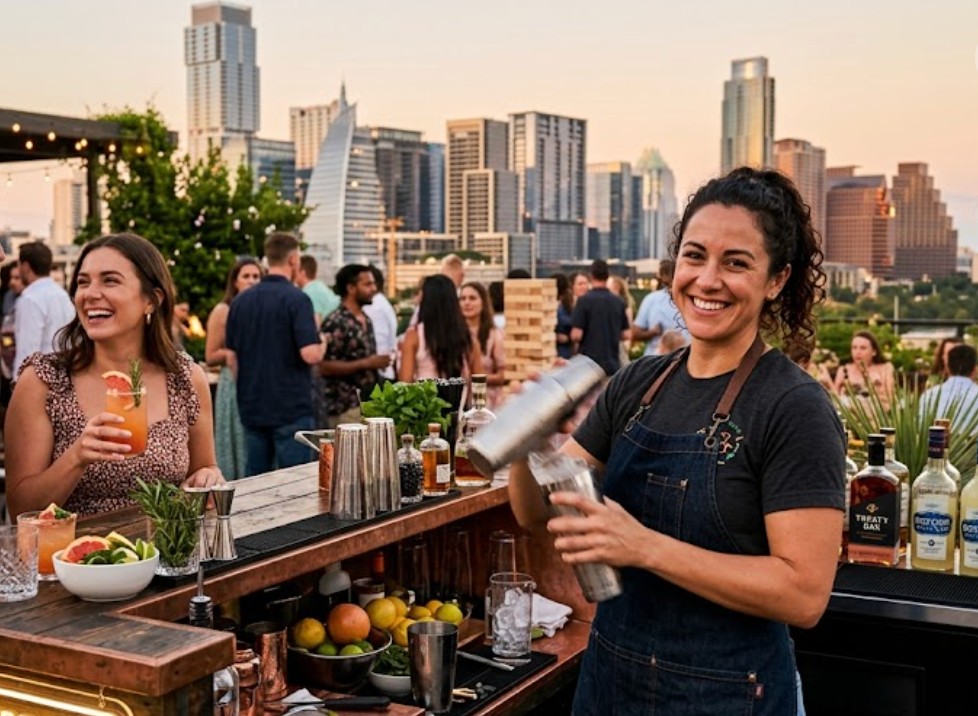 Austin bartender with skyline