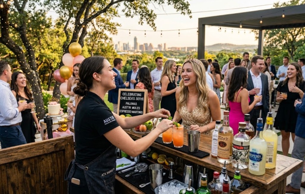 Austin bartender handing a signature cocktail to a birthday guest at a beautiful outdoor party with balloons, the ATX skyline, and a crowd of celebrating guests
