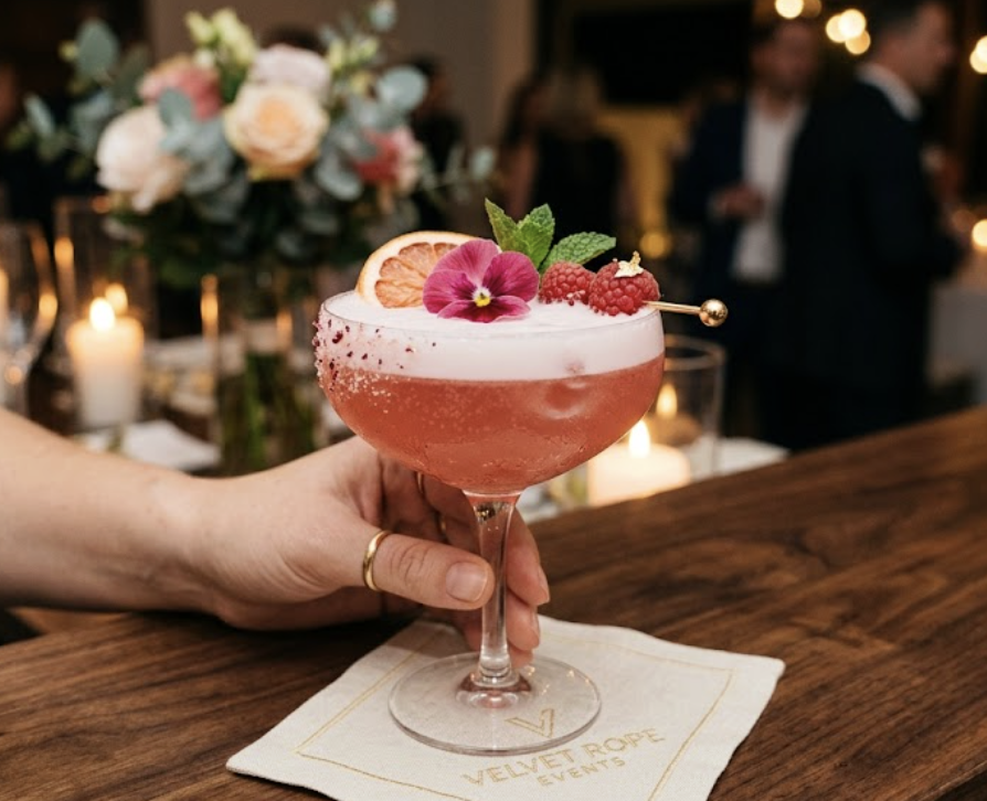 Luxury pink craft cocktail with rose petal, raspberries, and gold garnish on a linen napkin at an upscale event